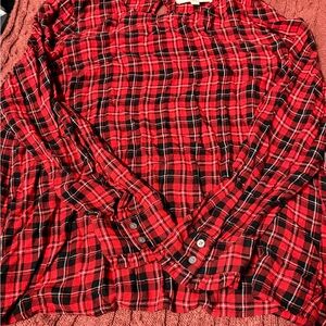 LOFT Red and Black Plaid Button Cuff Blouse